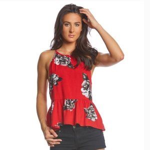 Volcom Red Racerback Halter Top Floral Print Peplum Size Small